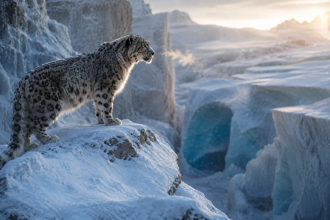 Snow leopard standing on a glacier before leaping