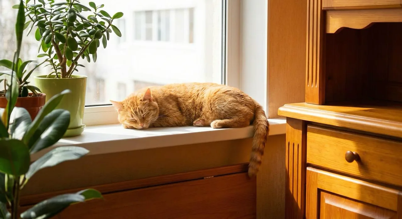 Ginger cat sleeping on a sunlit wooden windowsill